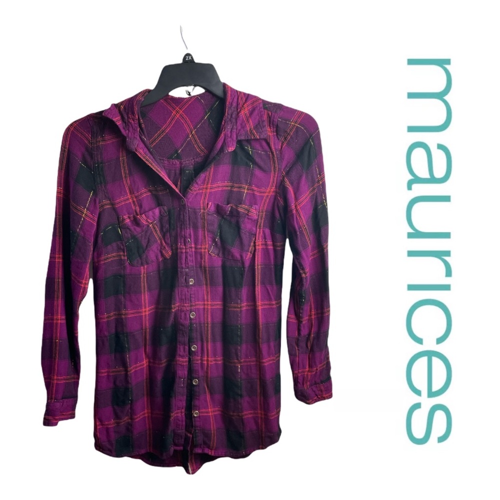 Maurices plaid flannel long sleeve button down shirt black/purple size small